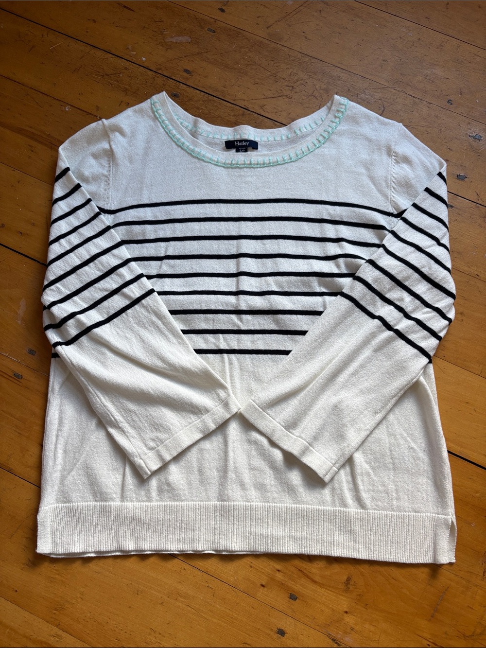 Hatley Cream Crewneck Sweater with Black Stripes and Mint Neck Trim